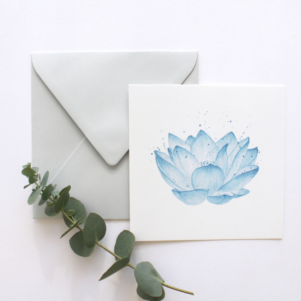 Blauer Lotus | quadratische Aquarell Postkarte